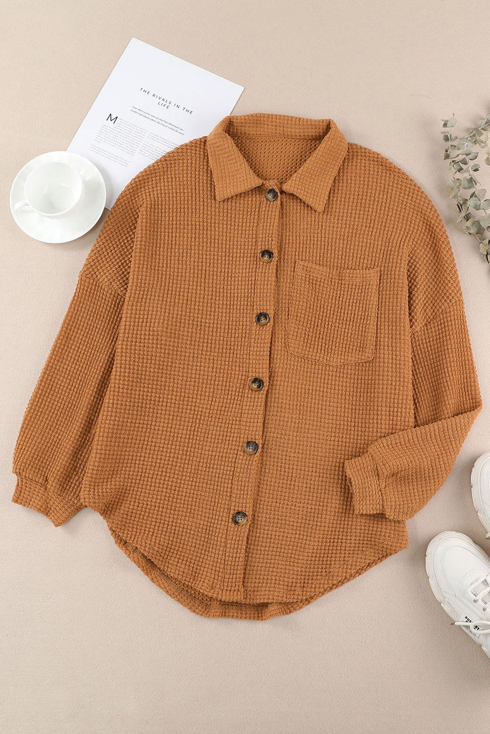 Waffle-Knit Collared Neck Long Sleeve Shirt - The Goddess Galleries