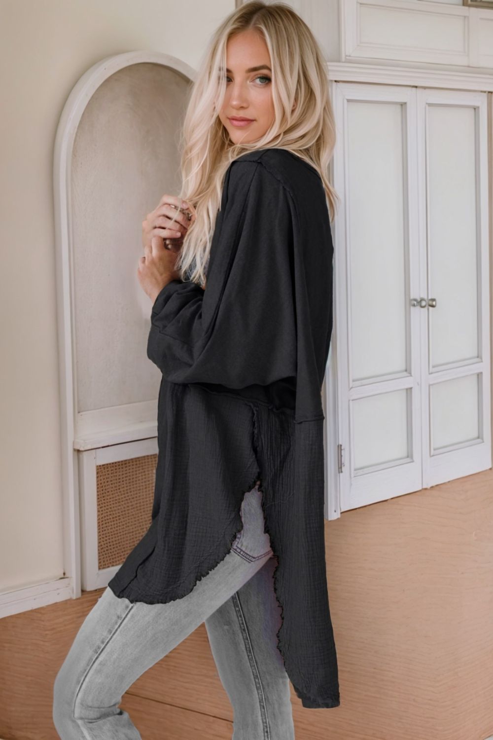 Contrast Texture Round Neck Long Sleeve Blouse - The Goddess Galleries