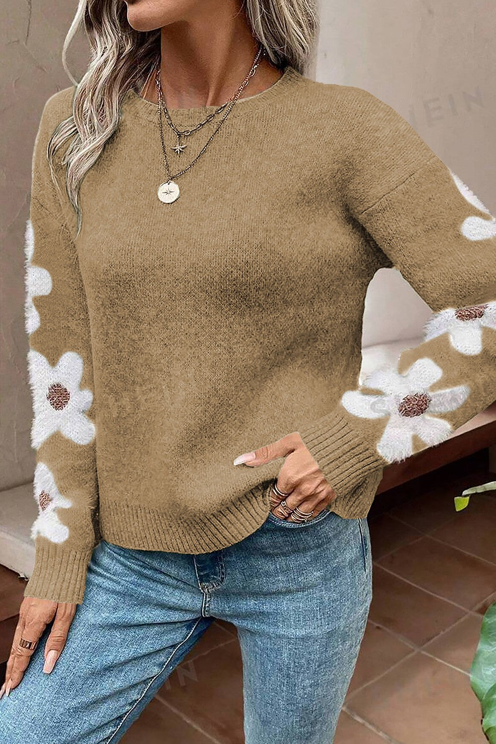 Flower Round Neck Long Sleeve Sweater - The Goddess Galleries
