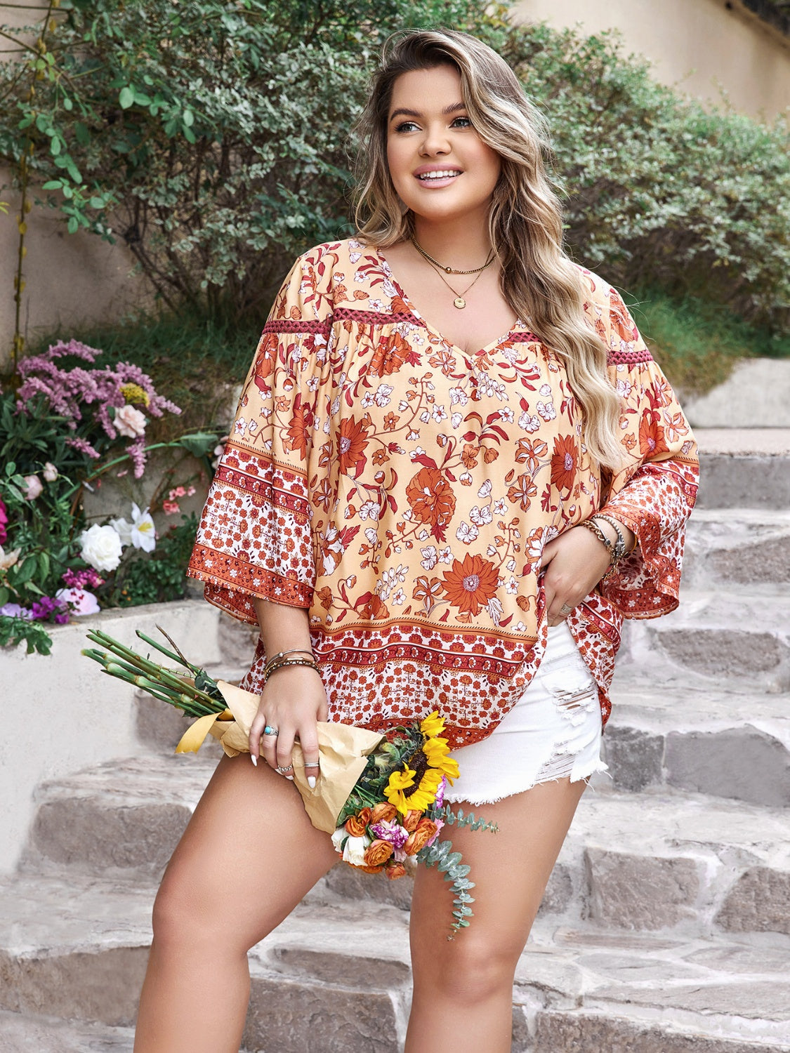 Plus Size Printed V-Neck Three-Quarter Sleeve Blouse - The Goddess Galleries