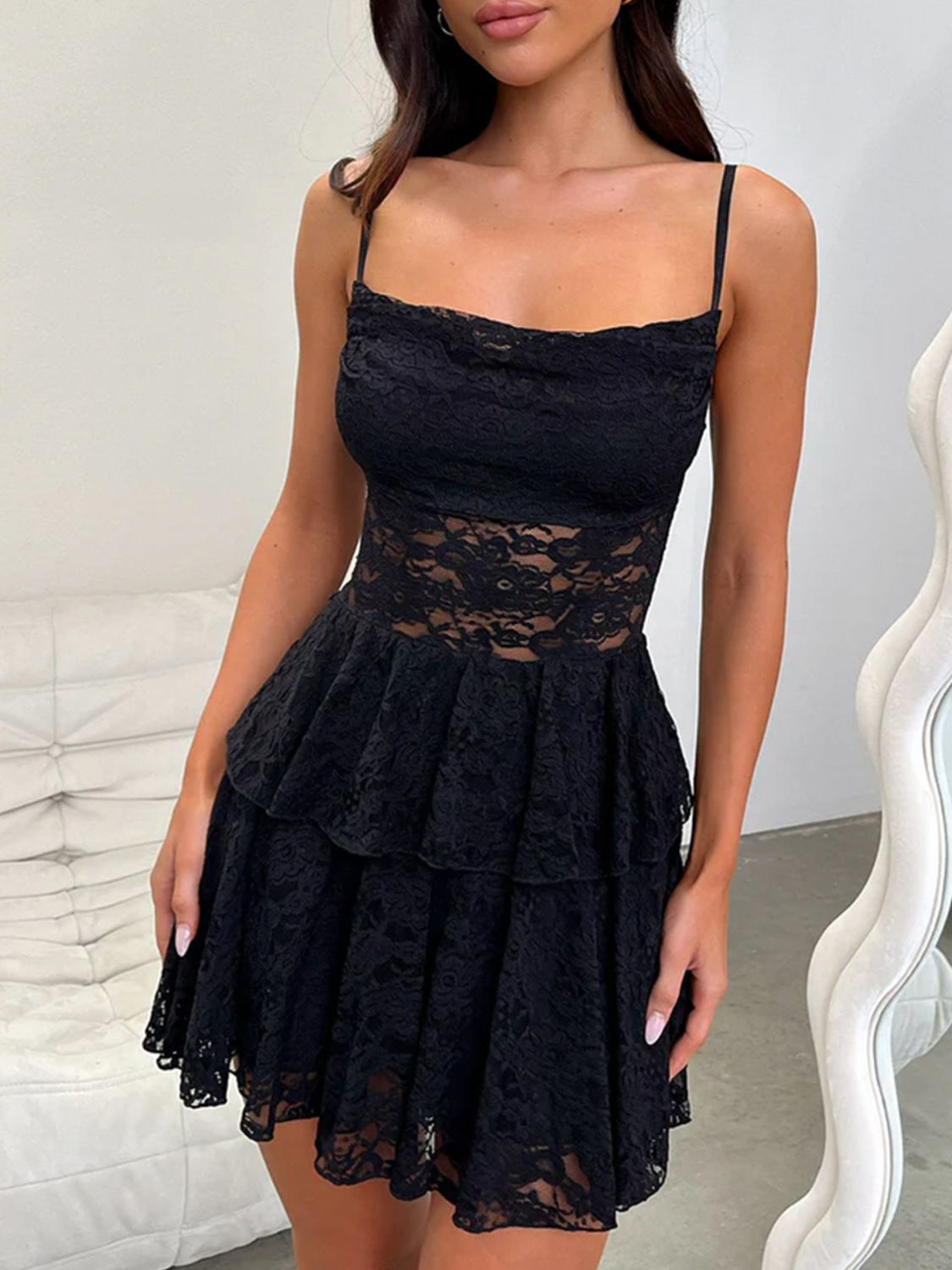 Devine Lace-Up Layered Lace Mini Cami Dress - The Goddess Galleries