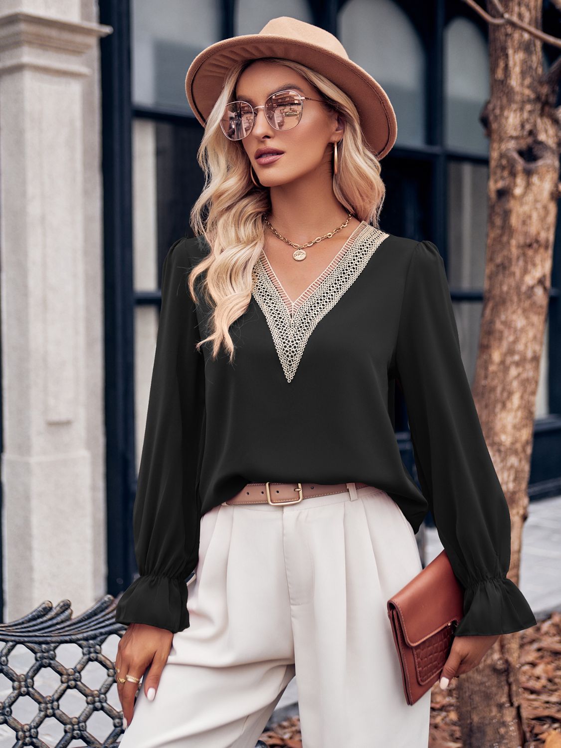 Ruffled V-Neck Flounce Sleeve Blouse - The Goddess Galleries