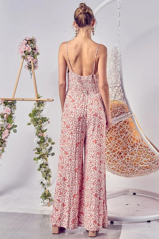 BiBi Floral Print Cirnkled Gauze Spaghetti Strap Jumpsuit - The Goddess Galleries