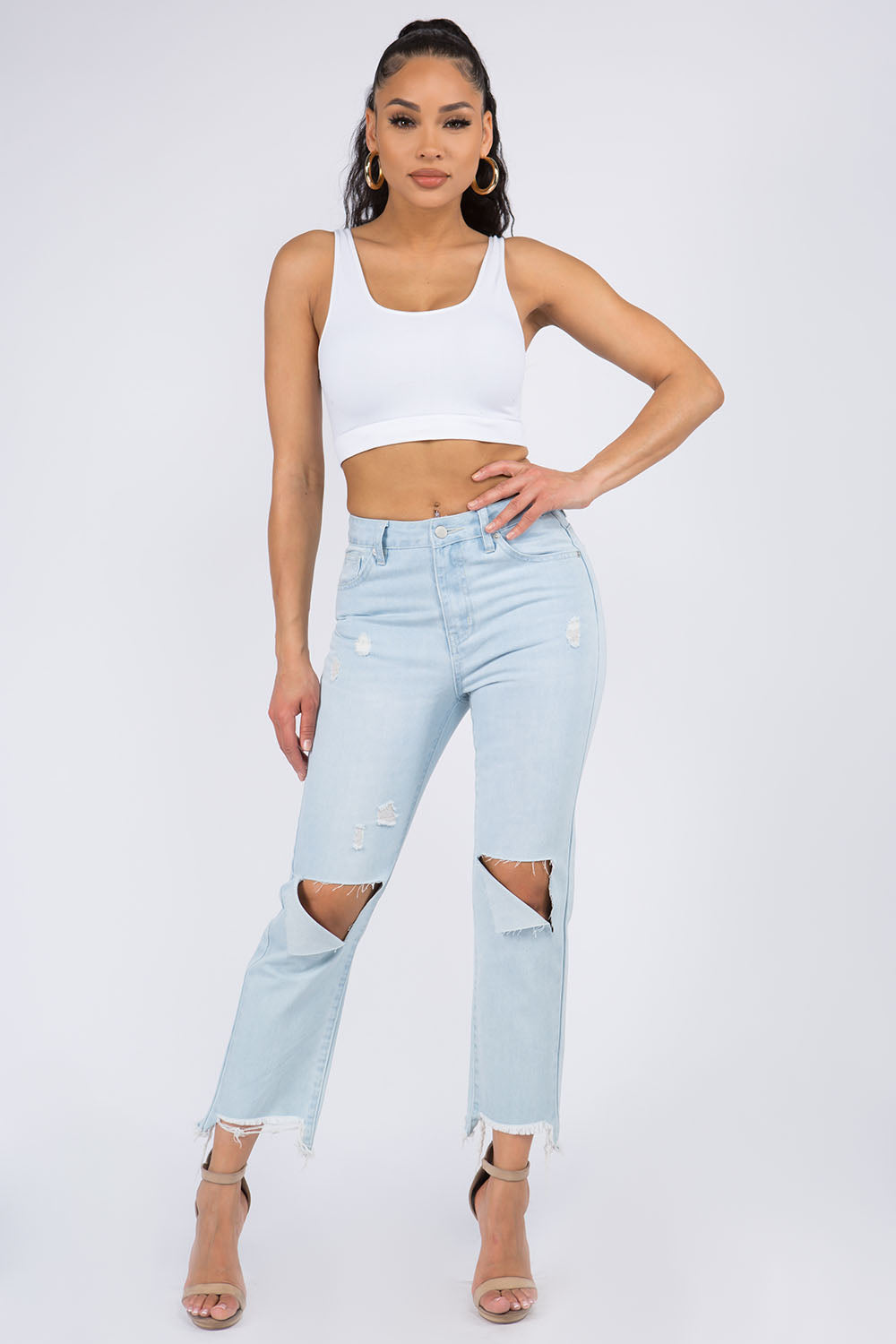 American Bazi High Waist Distressed Raw Hem Jeans - The Goddess Galleries