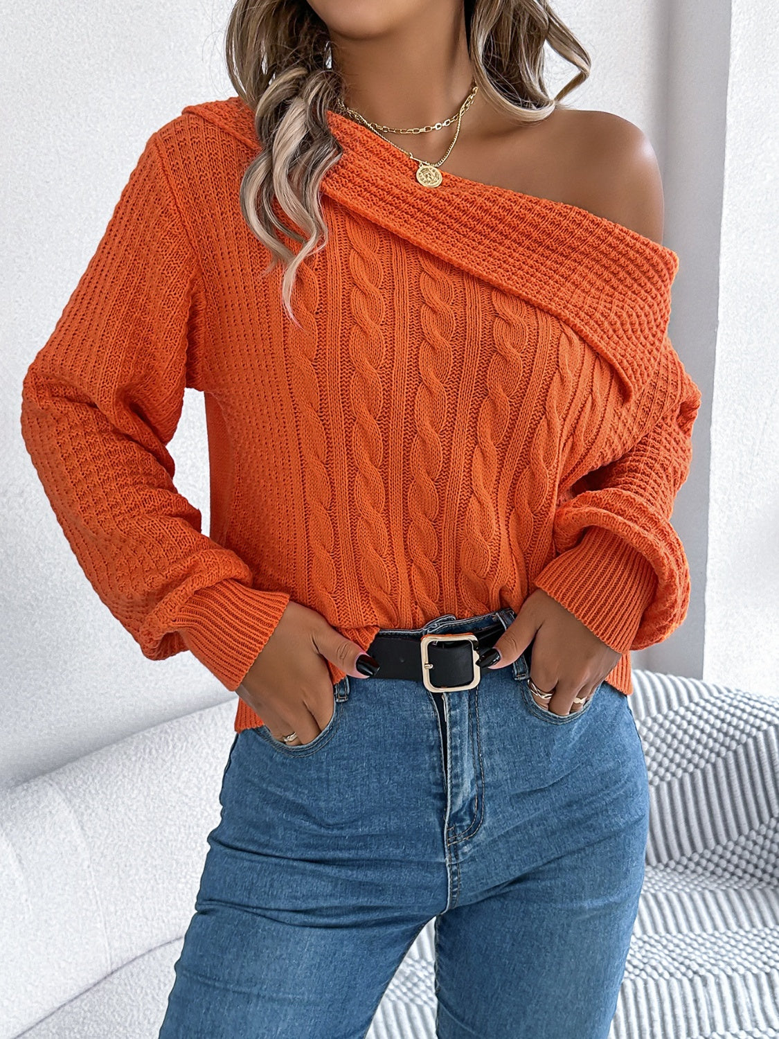 Cable-Knit One Shoulder Long Sleeve Sweater - The Goddess Galleries