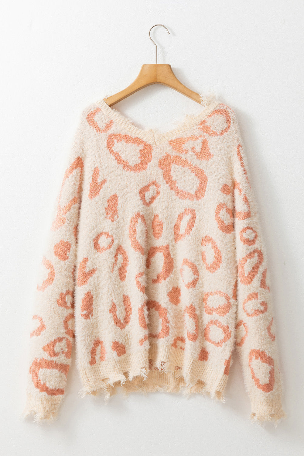 Distressed Trim Leopard V-Neck Sweater - The Goddess Galleries