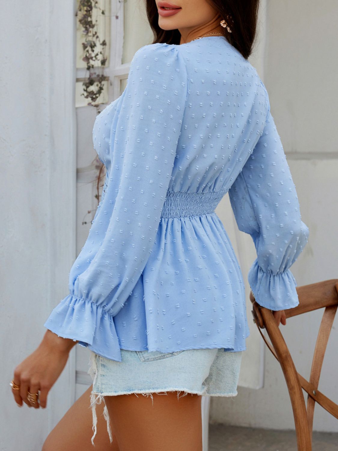 Devine Swiss Dot Lace Detail Surplice Flounce Sleeve Blouse - The Goddess Galleries