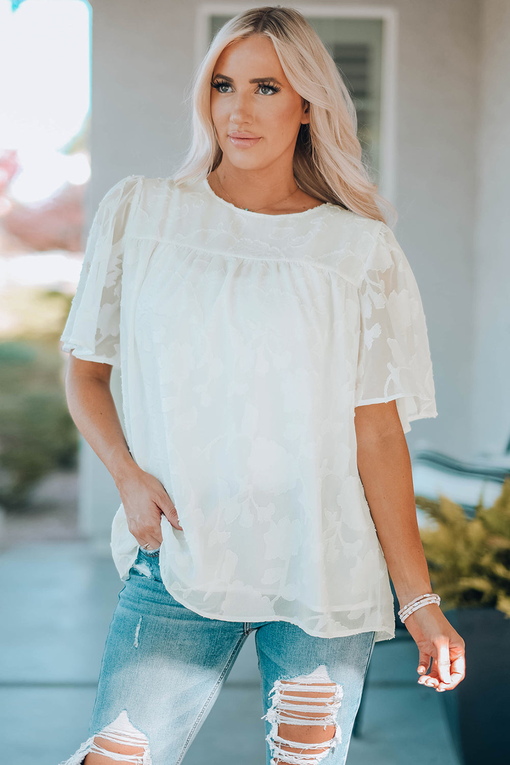 Round Neck Puff Sleeve Blouse - The Goddess Galleries