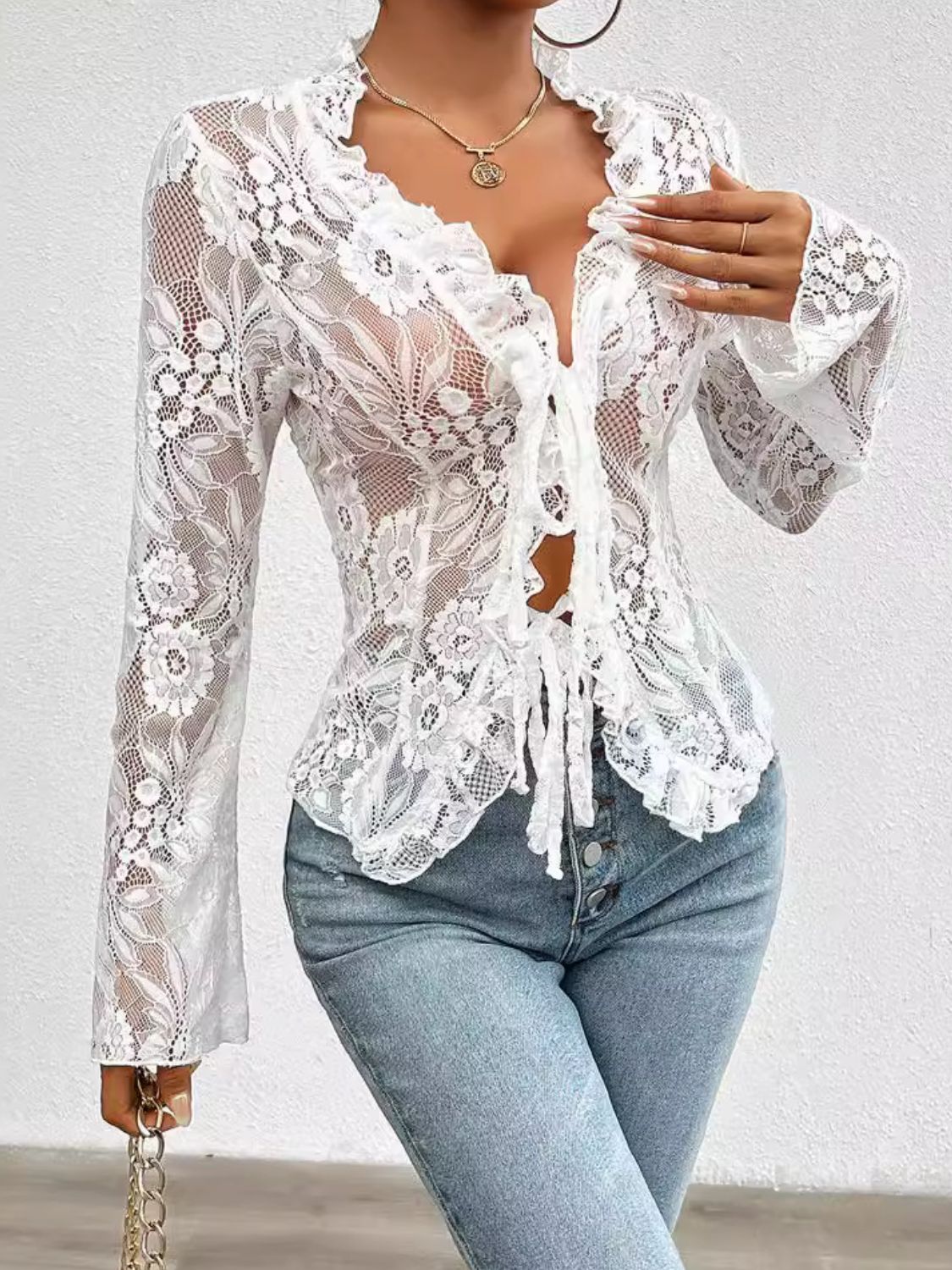 Tied V-Neck Long Sleeve Lace Top - The Goddess Galleries