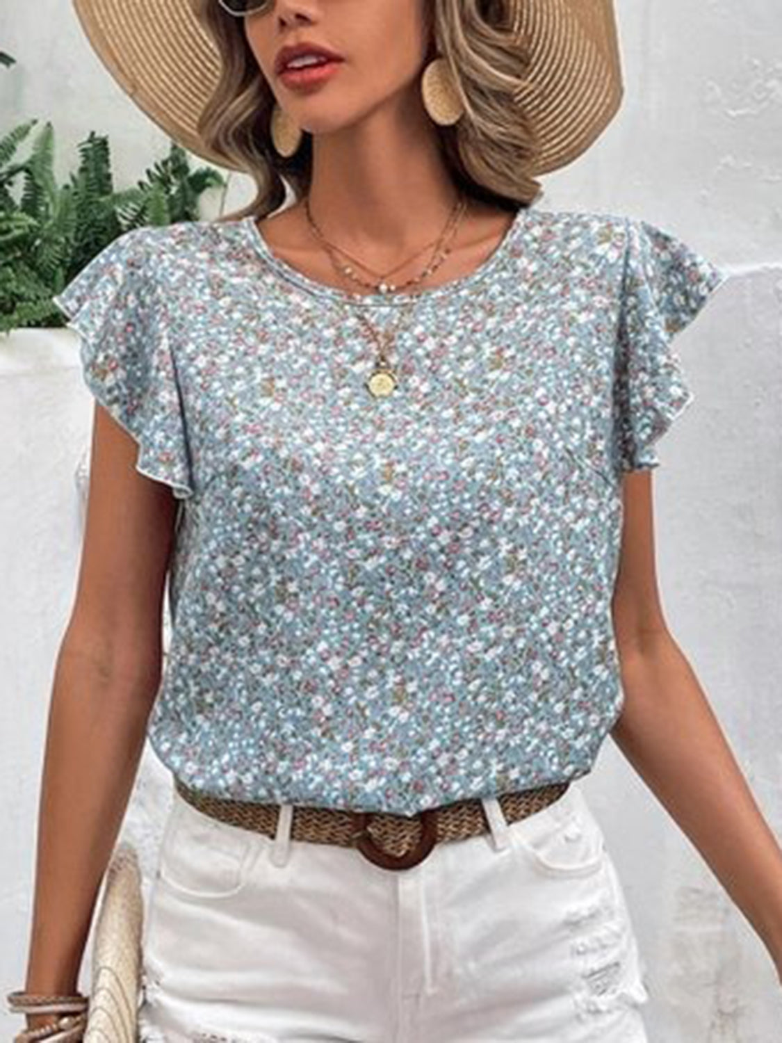 Ditsy Floral Round Neck Cap Sleeve Top - The Goddess Galleries