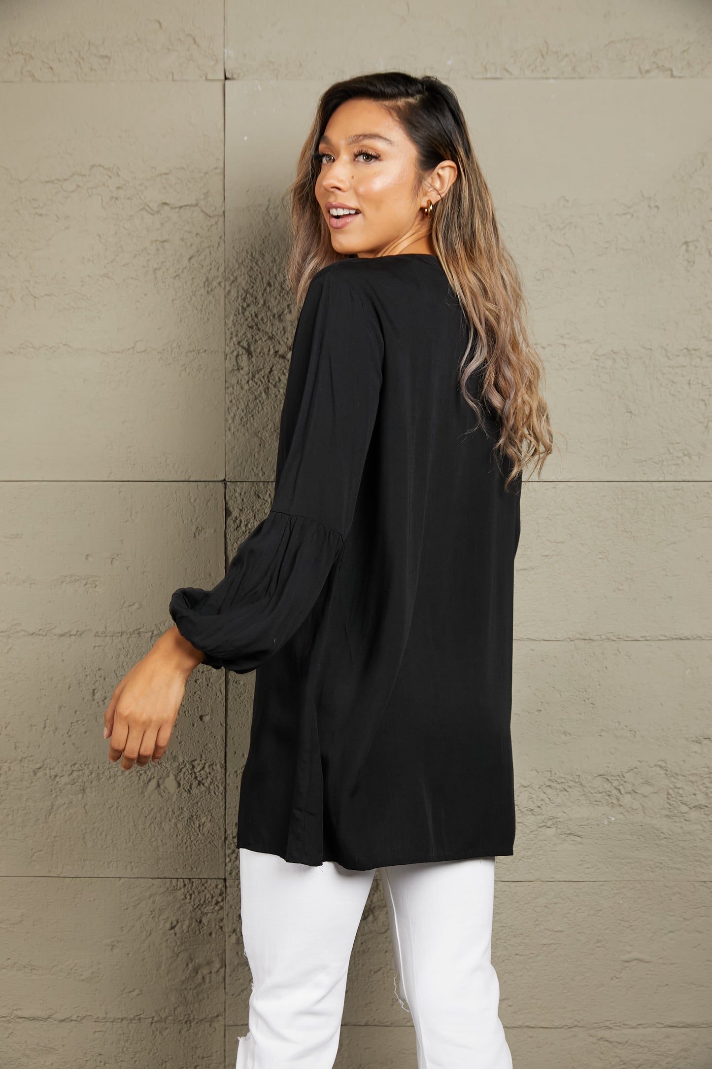 Ivy Lane Notched Neck Balloon Sleeve Shirt - The Goddess Galleries