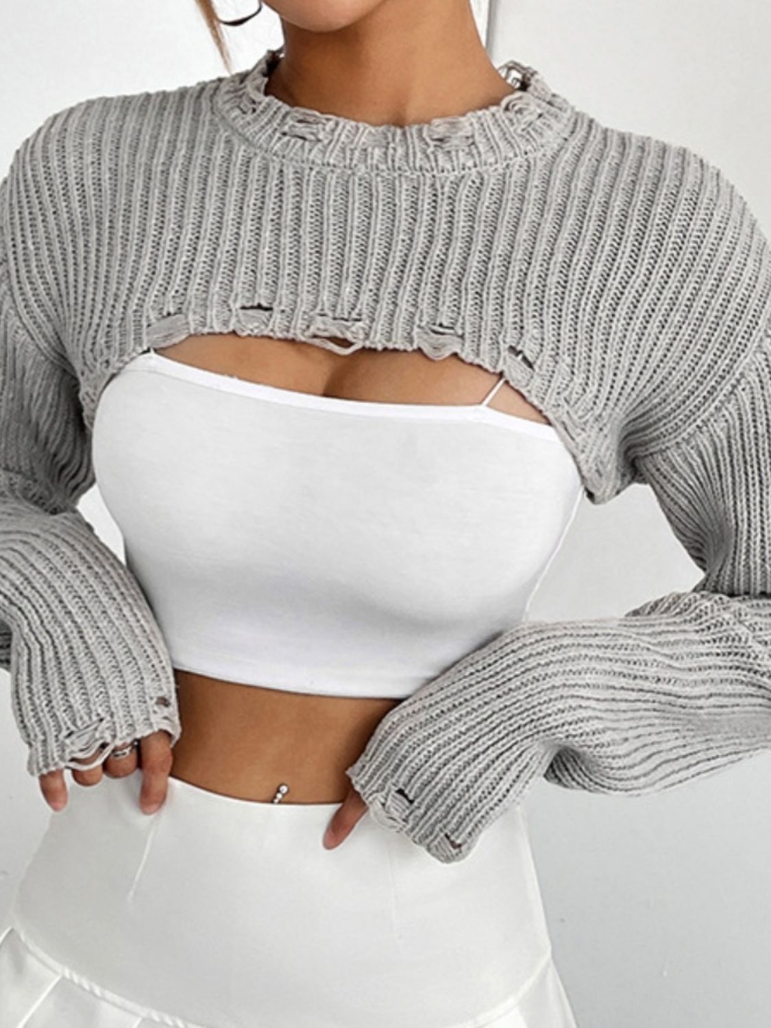 Distressed Long Sleeve Cropped Sweater - The Goddess Galleries