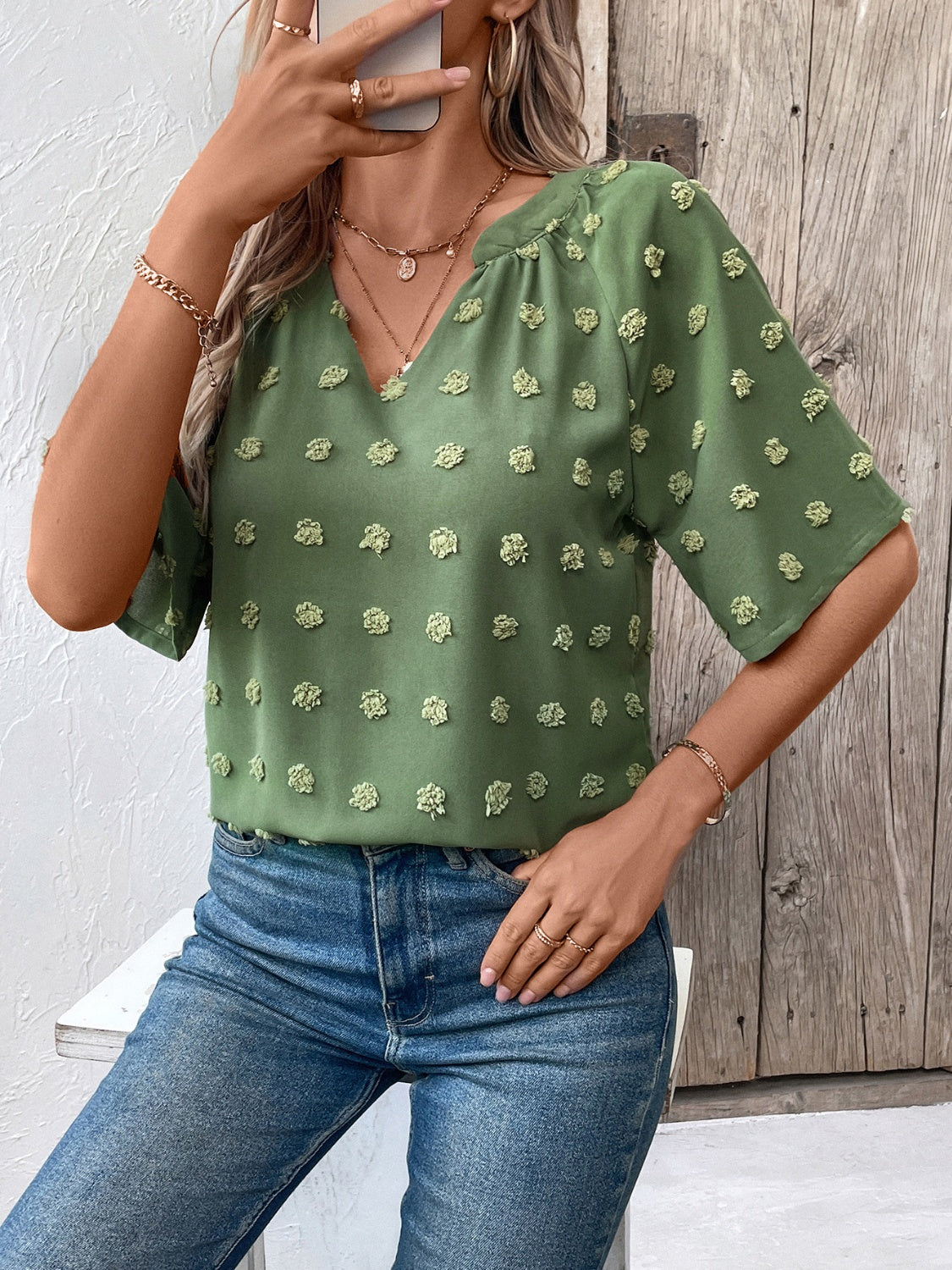 Ivy Lane Swiss Dot Notched Half Sleeve Blouse - The Goddess Galleries