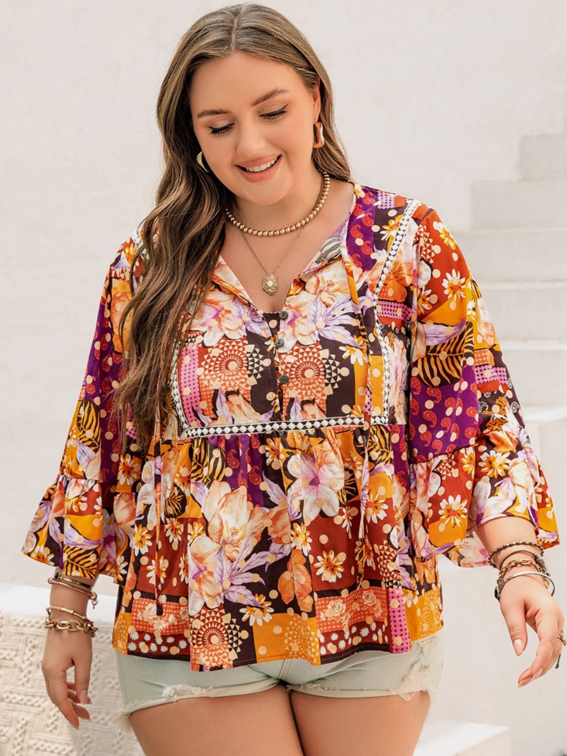 Plus Size Printed Tie Neck Blouse - The Goddess Galleries
