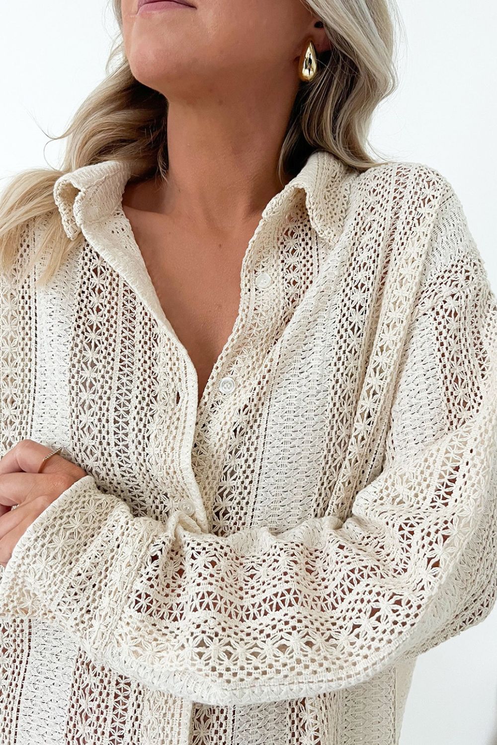 Lace Crochet Collared Neck Oversized Shirt - The Goddess Galleries