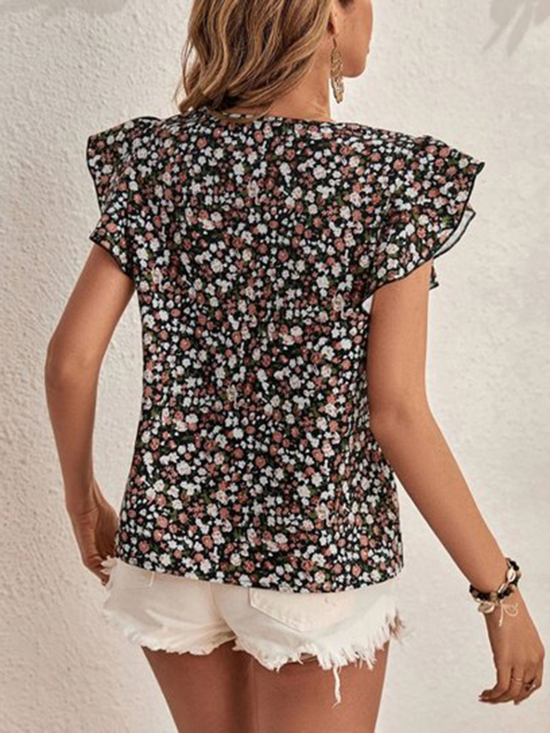 Ditsy Floral Round Neck Cap Sleeve Top - The Goddess Galleries