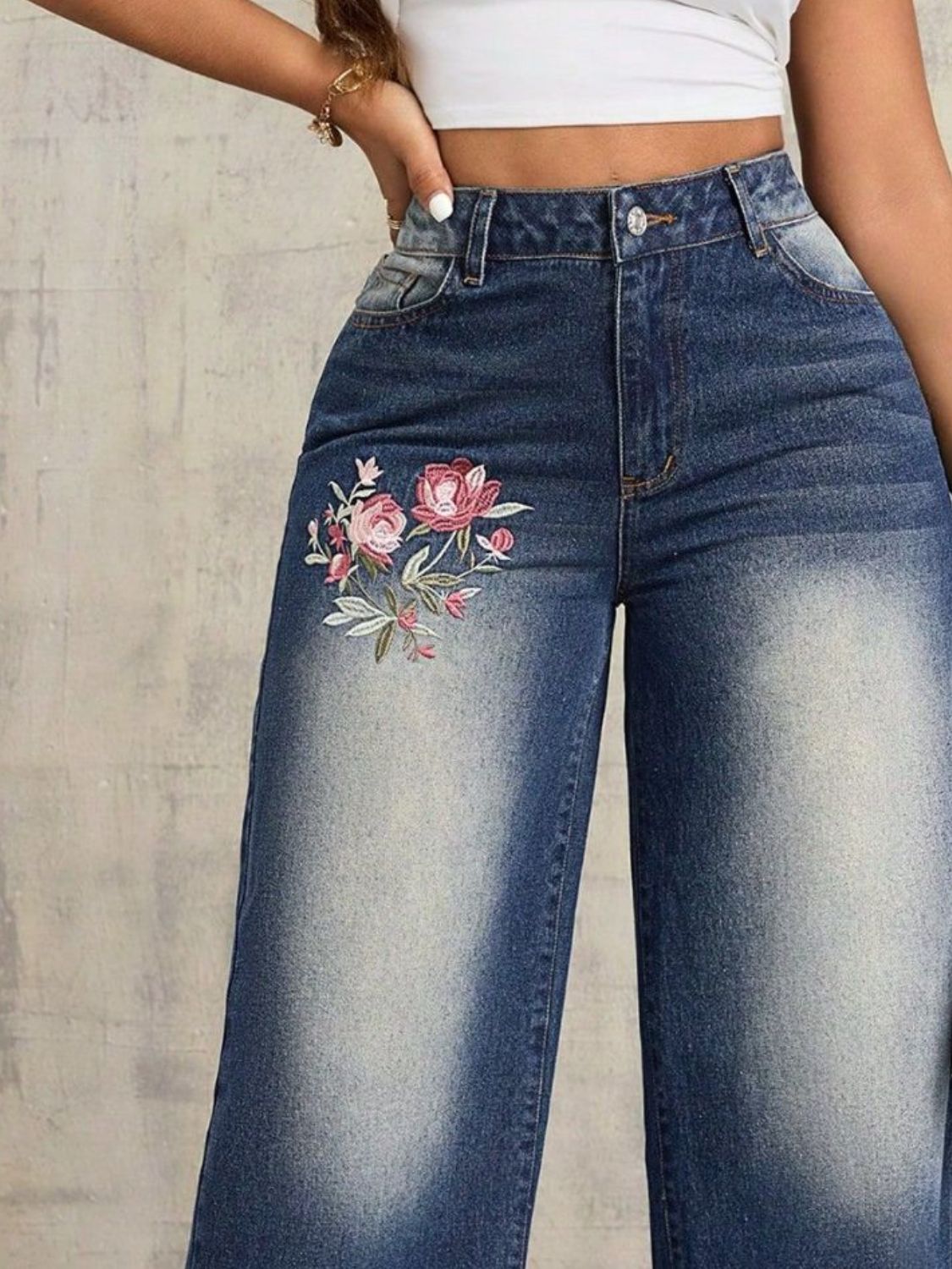 Embroidered Wide Leg Jeans - The Goddess Galleries
