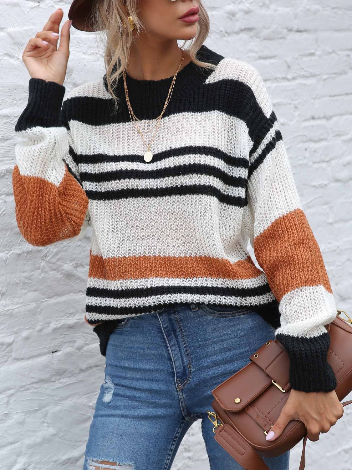 Contrast Striped Round Neck Long Sleeve Sweater - The Goddess Galleries