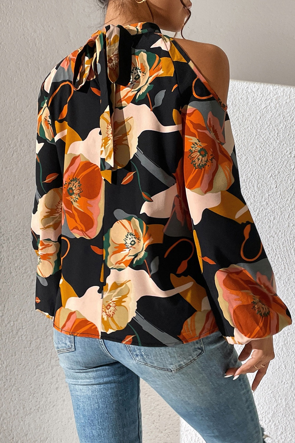 Floral Cold Shoulder Balloon Sleeve Blouse - The Goddess Galleries