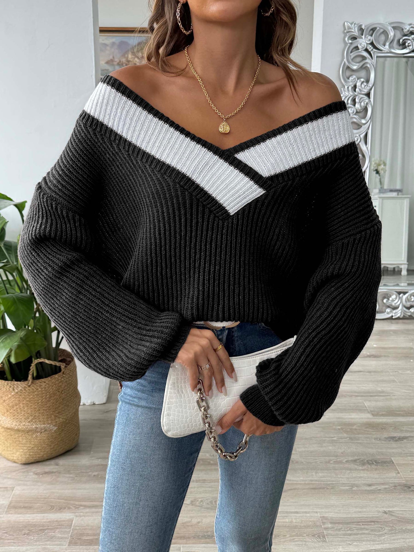 Contrast Dropped Shoulder Long Sleeve Sweater - The Goddess Galleries