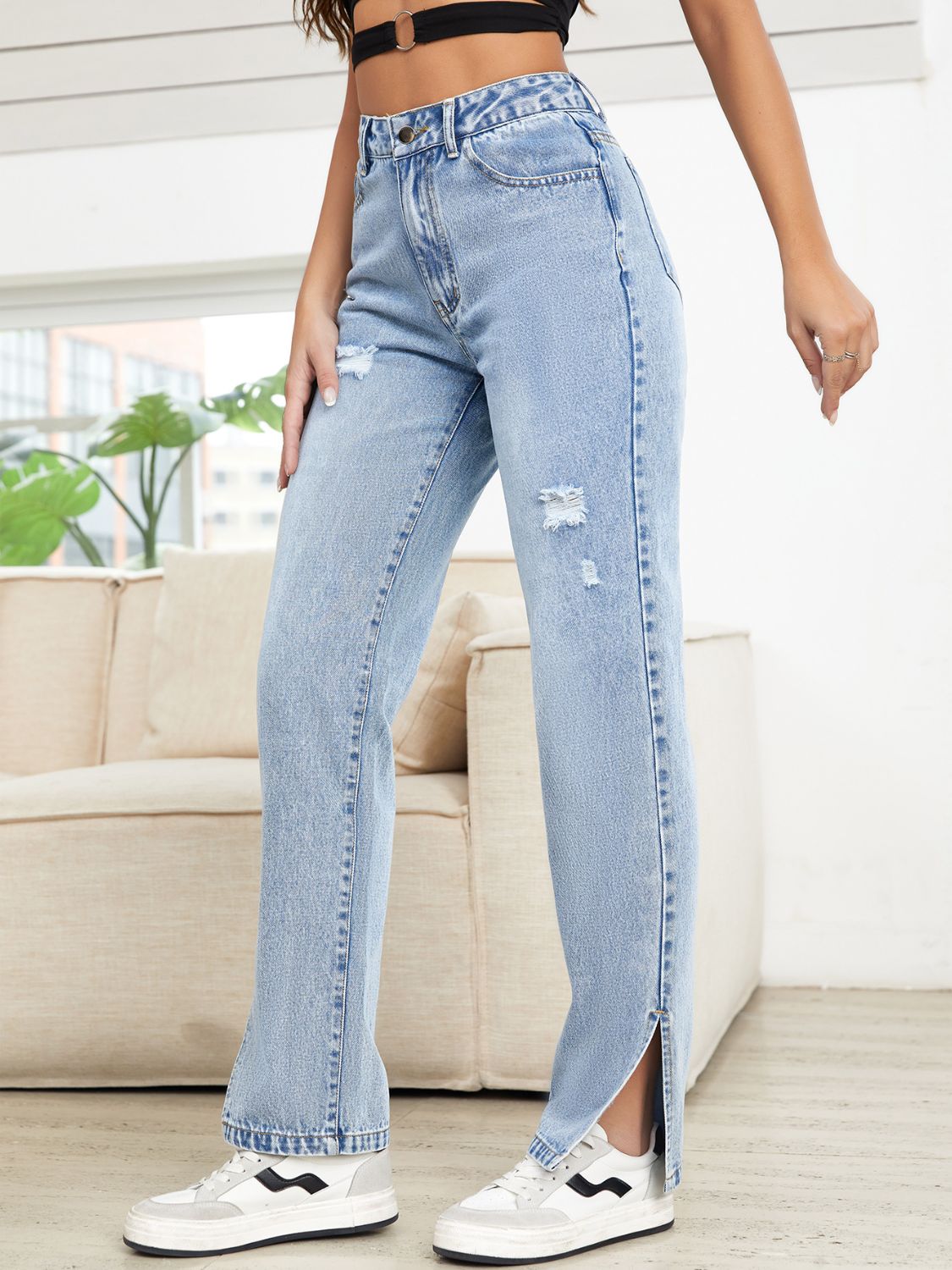 Distressed Slit Straight Leg Jeans - The Goddess Galleries