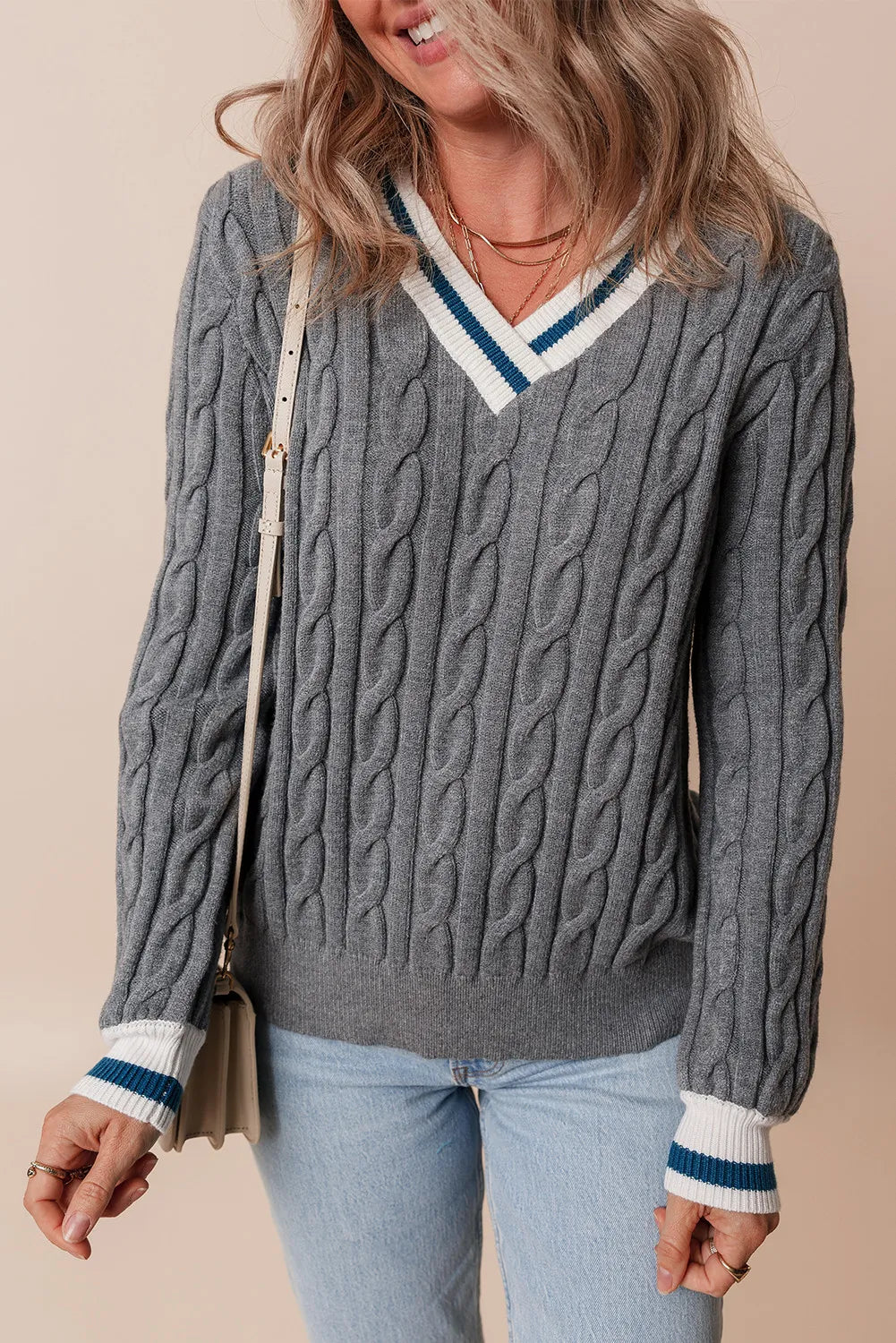 Cable-Knit V-Neck Long Sleeve Sweater - The Goddess Galleries