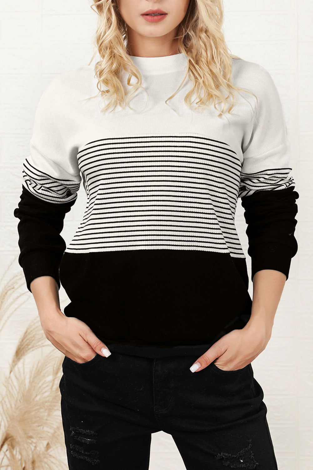 Striped Color Block Long Sleeve Knit Top - The Goddess Galleries