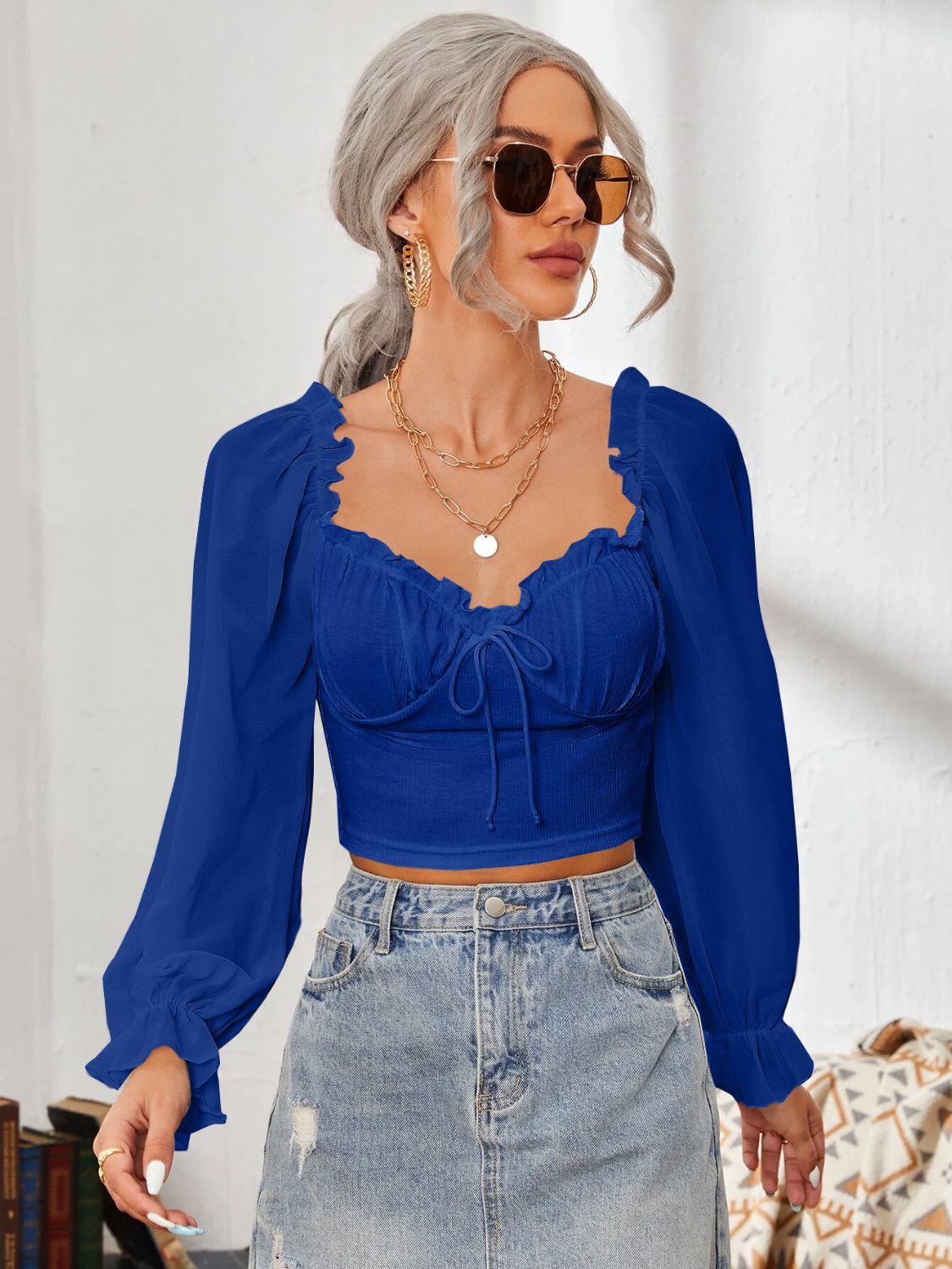 Mesh Sweetheart Neck Flounce Sleeve Top - The Goddess Galleries