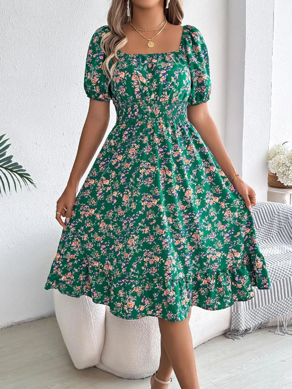 Ruffled Hem Floral Puff Sleeve Dress - The Goddess Galleries