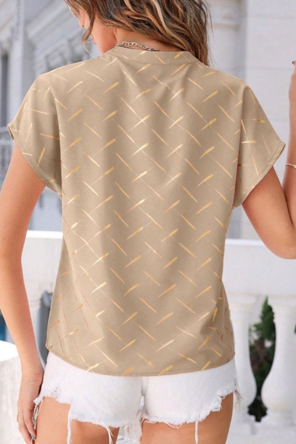 Printed Notched Short Sleeve Blouse - The Goddess Galleries