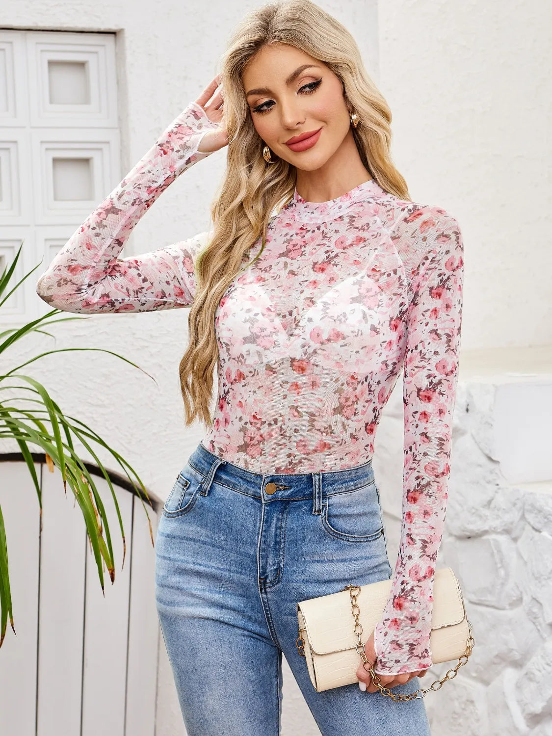 Floral Mock Neck Long Sleeve Top - The Goddess Galleries