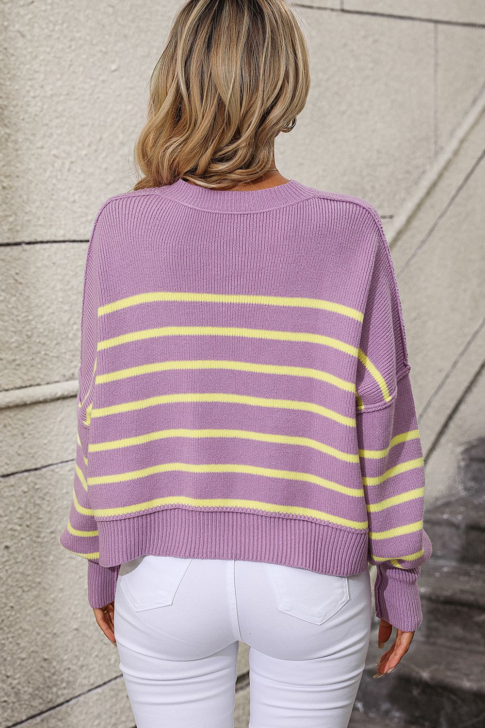 Striped Dropped Shoulder Round Neck Pullover Sweater - The Goddess Galleries
