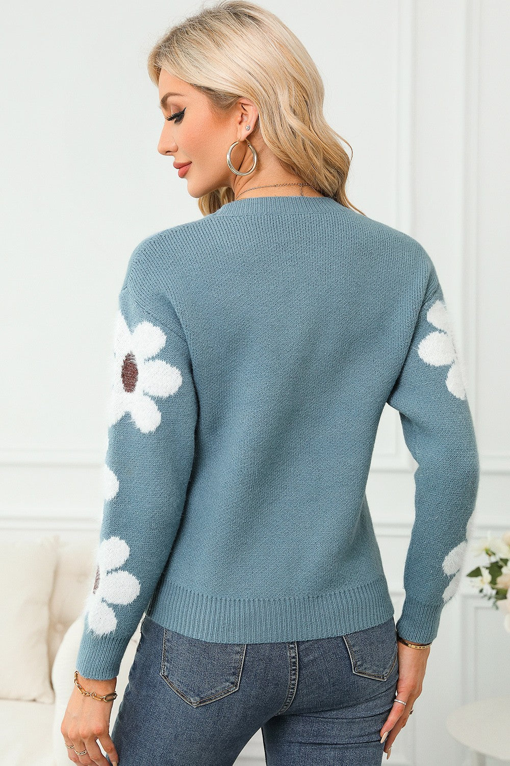 Flower Round Neck Long Sleeve Sweater - The Goddess Galleries