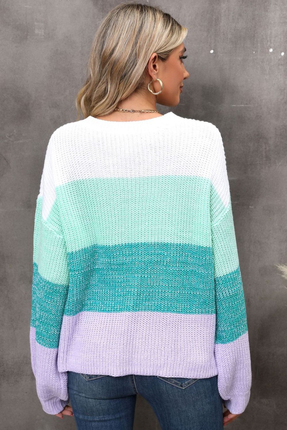 Round Neck Color Block Ribbed Pullover Sweater - The Goddess Galleries
