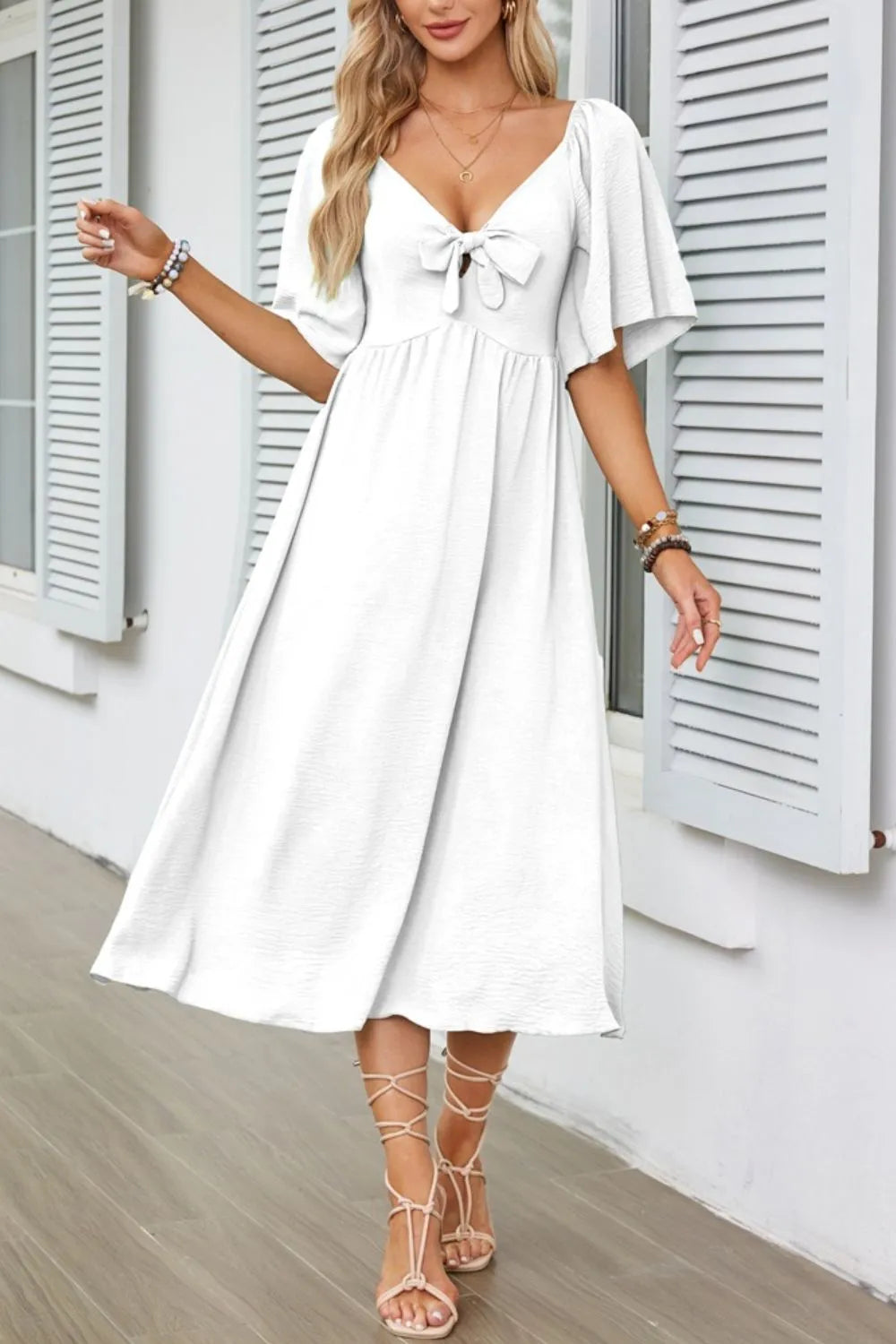 Smocked Tie Front Flutter Sleeve Midi Dress - The Goddess Galleries