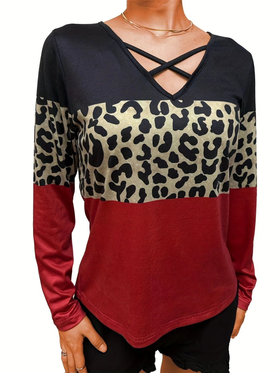 Crisscross Color Block Long Sleeve T-Shirt - The Goddess Galleries