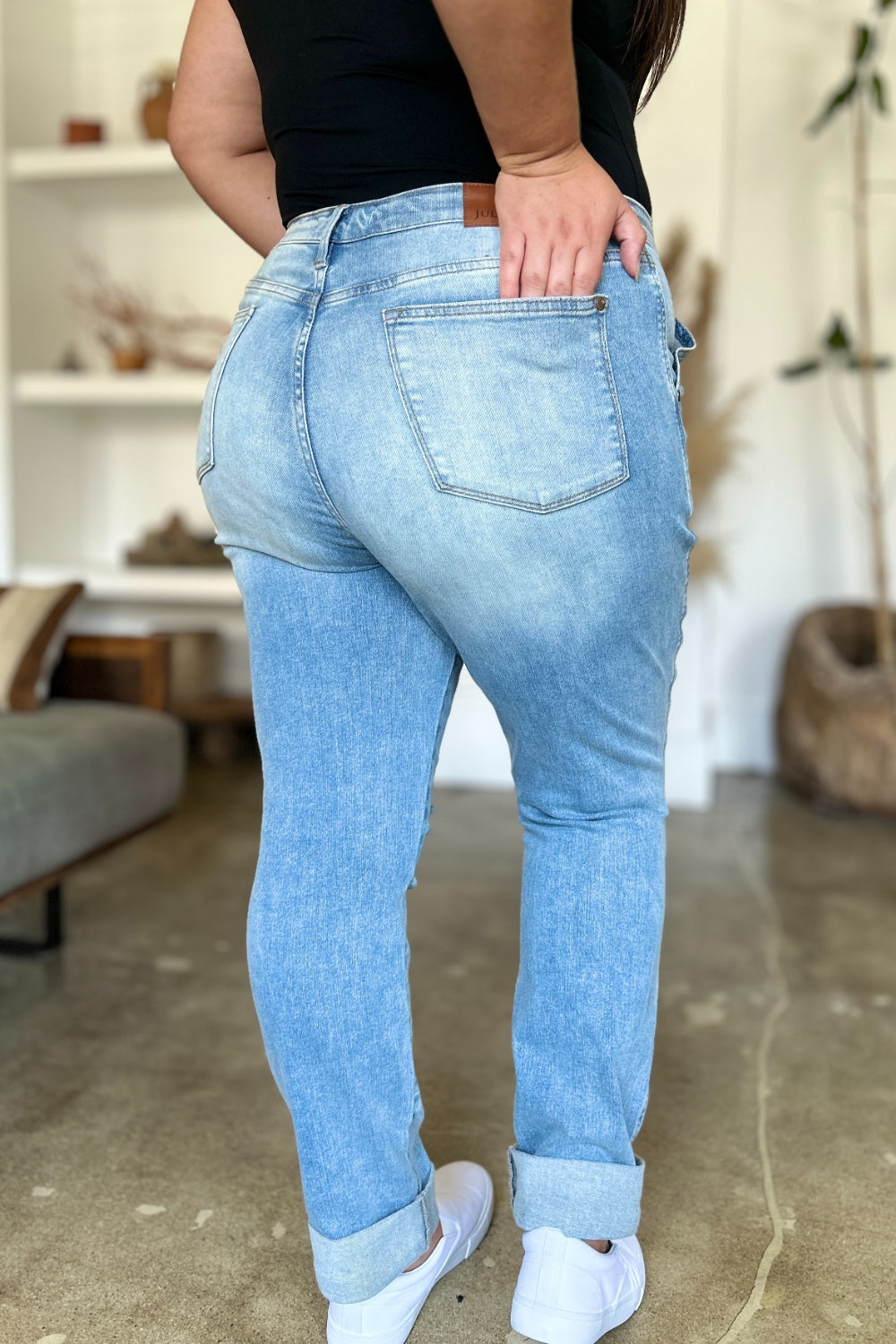 Judy Blue Full Size Distressed Straight Jeans with Patch Pockets - The Goddess Galleries