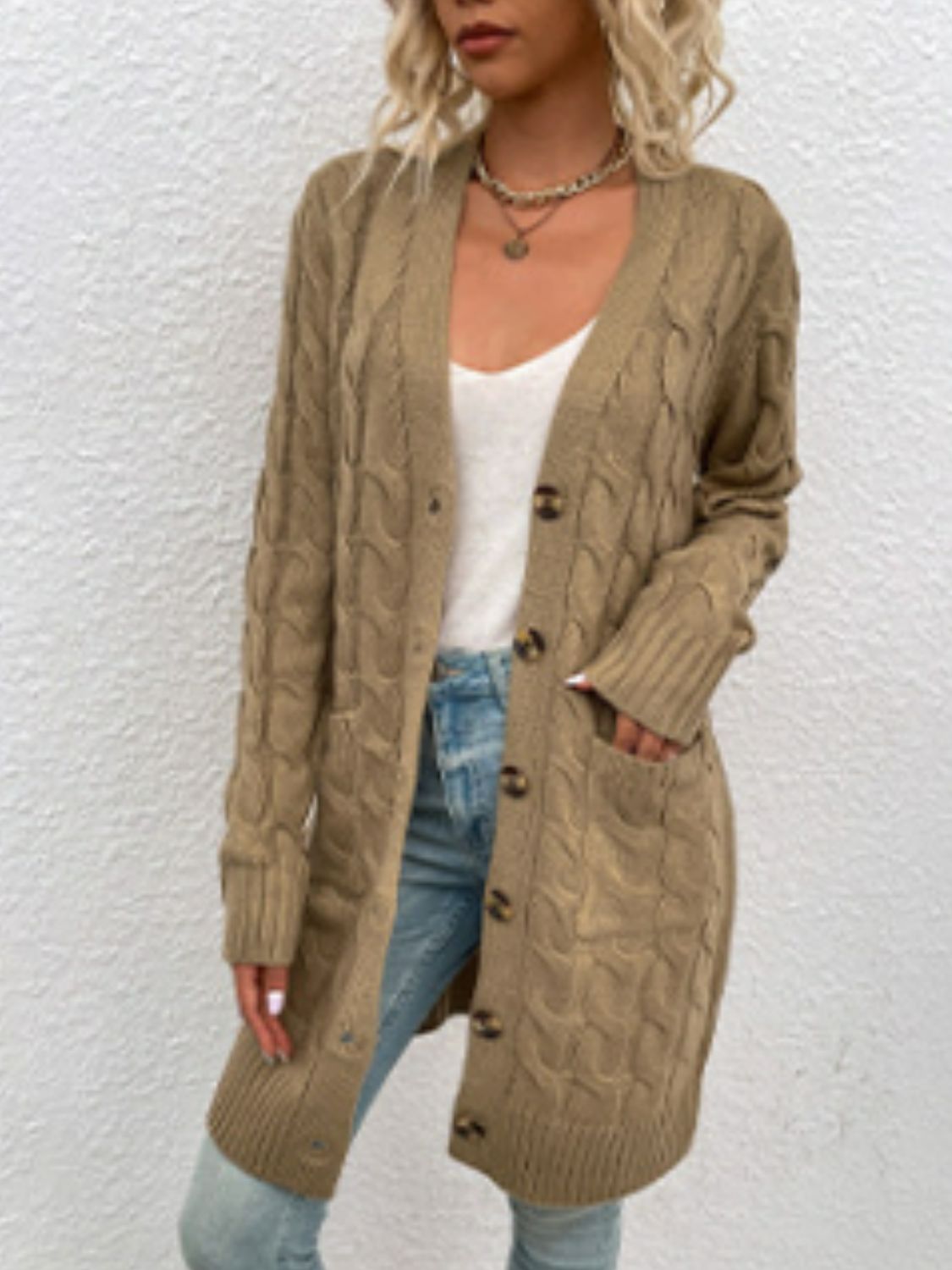 Cable-Knit Button Down Cardigan with Pockets - The Goddess Galleries