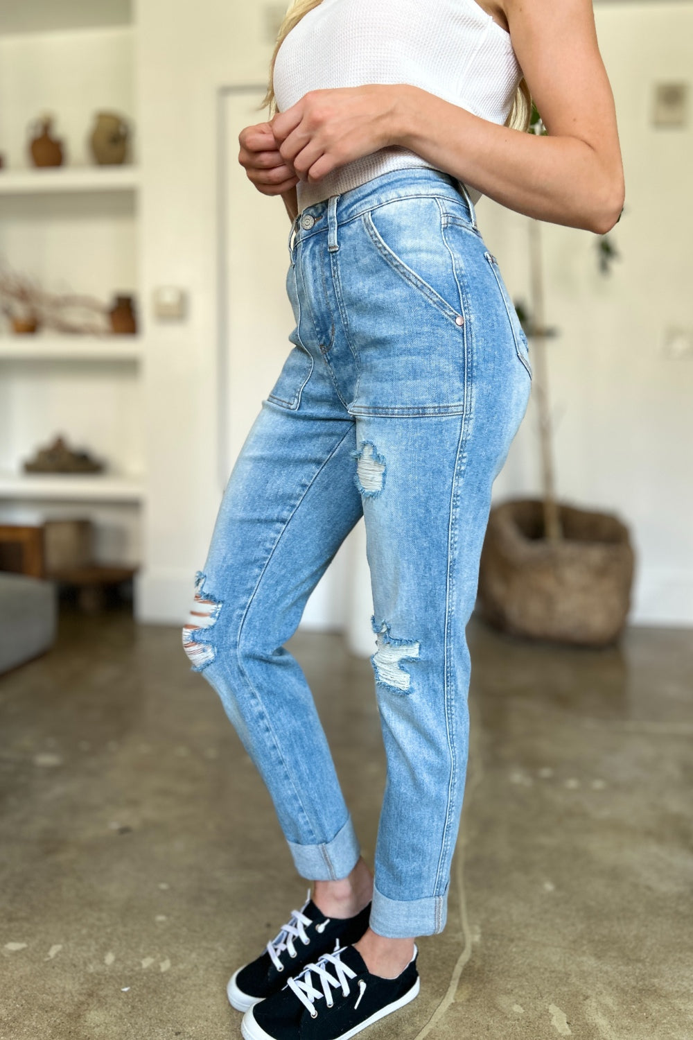 Judy Blue Full Size Distressed Straight Jeans with Patch Pockets - The Goddess Galleries