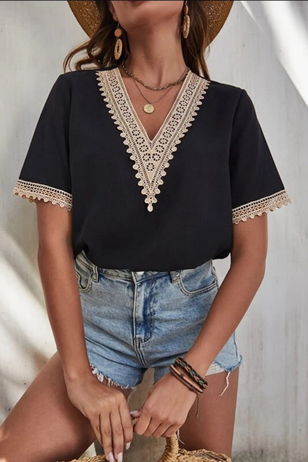 Full Size Lace Detail V-Neck Short Sleeve Blouse - The Goddess Galleries