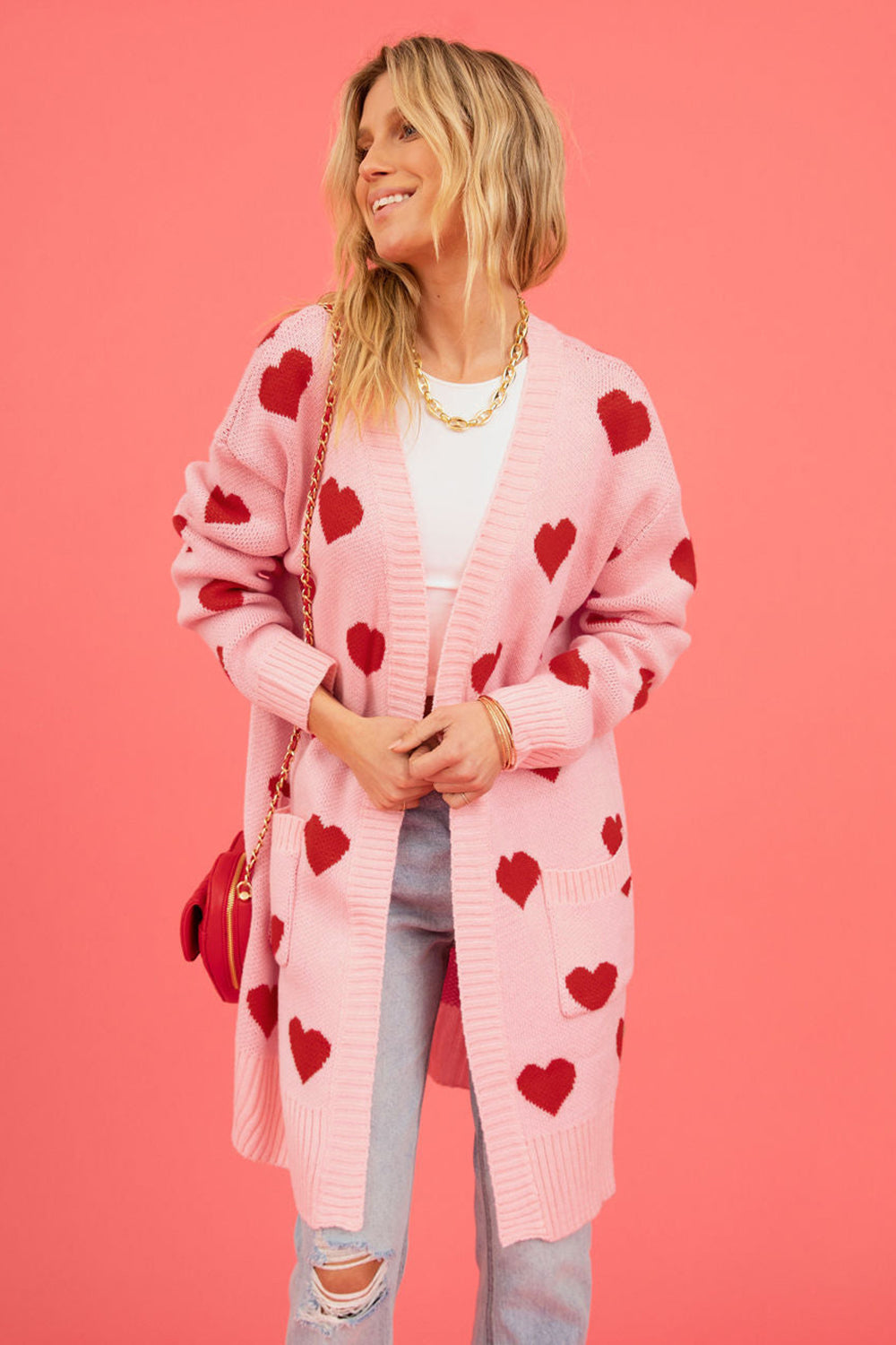 Heart Graphic Open Front Cardigan with Pockets - The Goddess Galleries