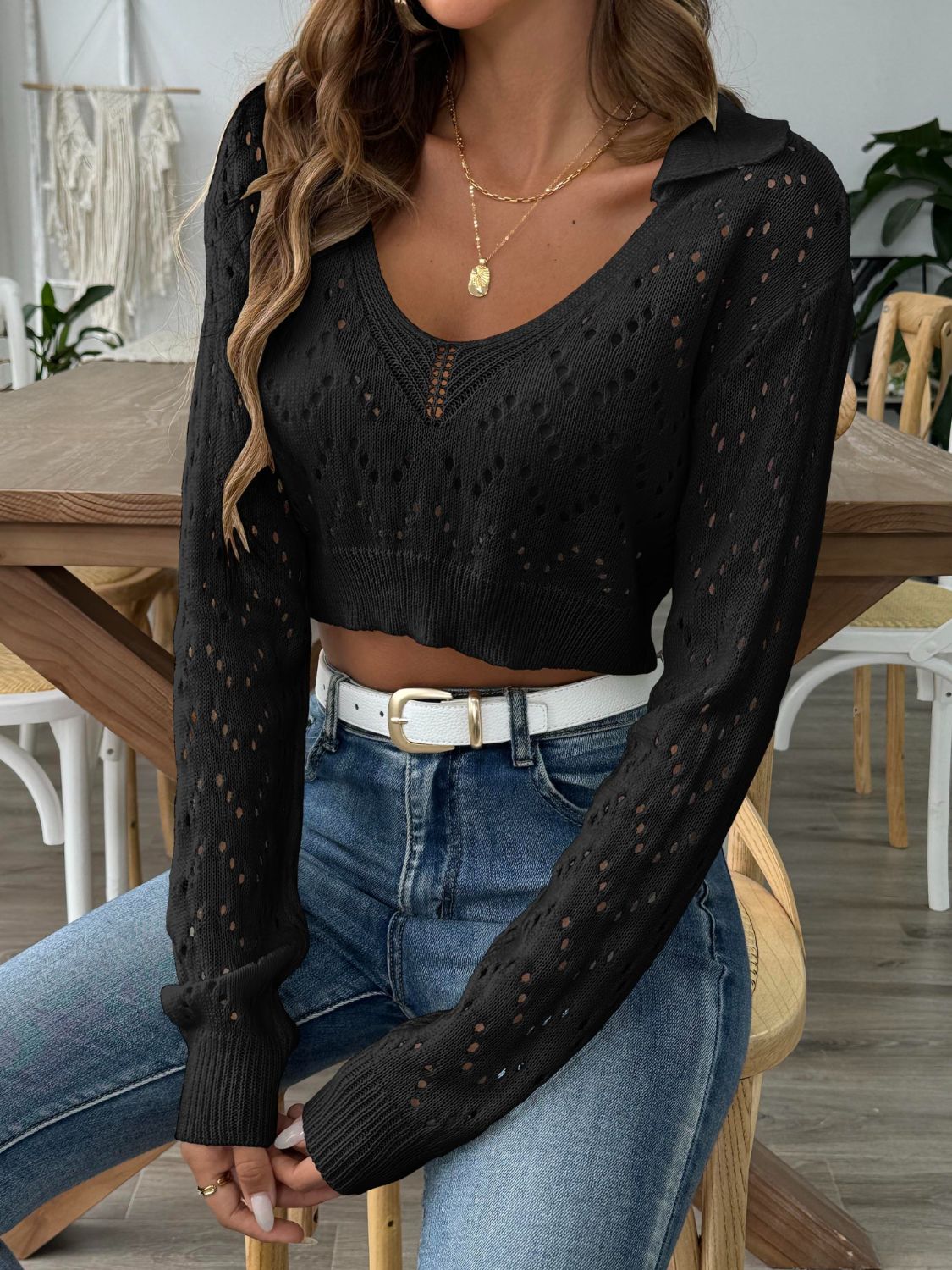 Openwork Collared Neck Long Sleeve Knit Top - The Goddess Galleries