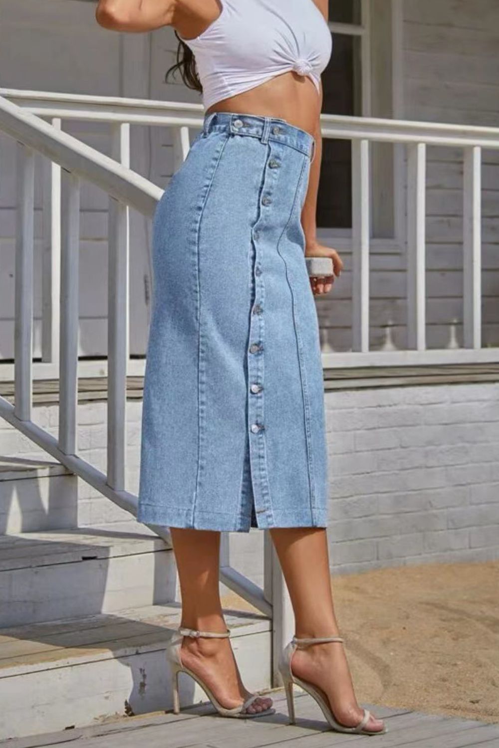 Buttoned Split Denim Skirt - The Goddess Galleries