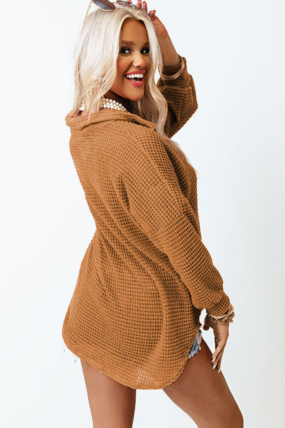 Waffle-Knit Collared Neck Long Sleeve Shirt - The Goddess Galleries