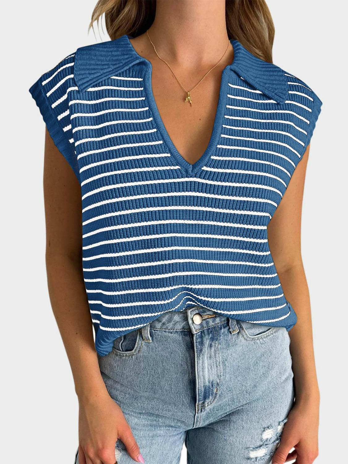 Mandy Collared Neck Striped Sweater Vest - The Goddess Galleries