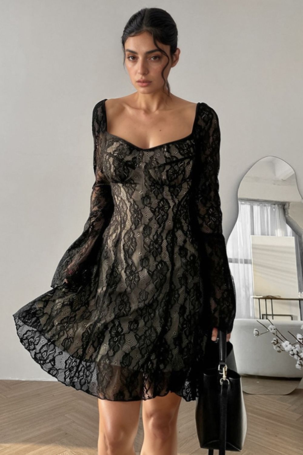 Lace Sweetheart Neck Flare Sleeve Mini Dress - The Goddess Galleries