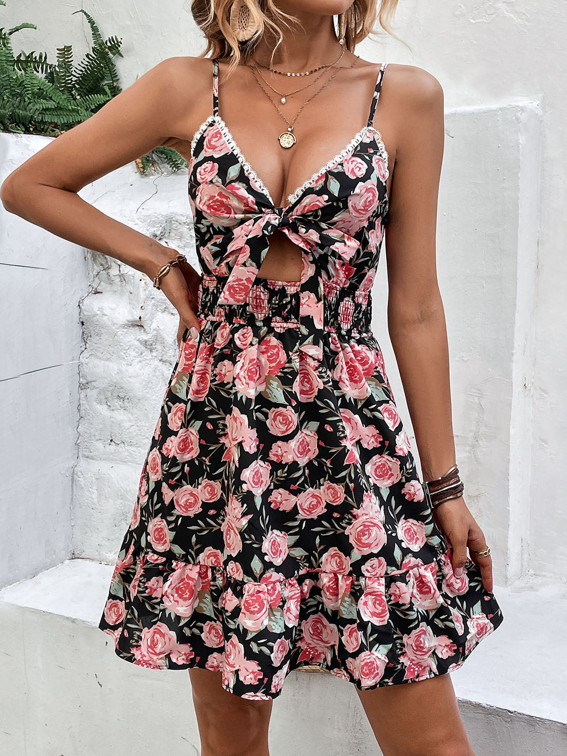 Perfee Tied Rose Print Spaghetti Strap Dress - The Goddess Galleries