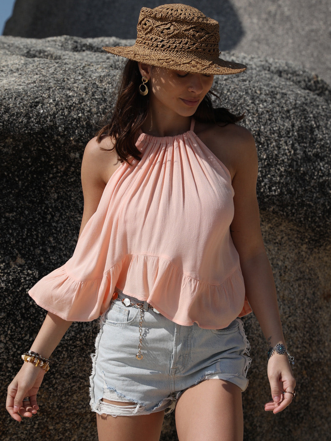 Ruched Peplum Round Neck Tank - The Goddess Galleries