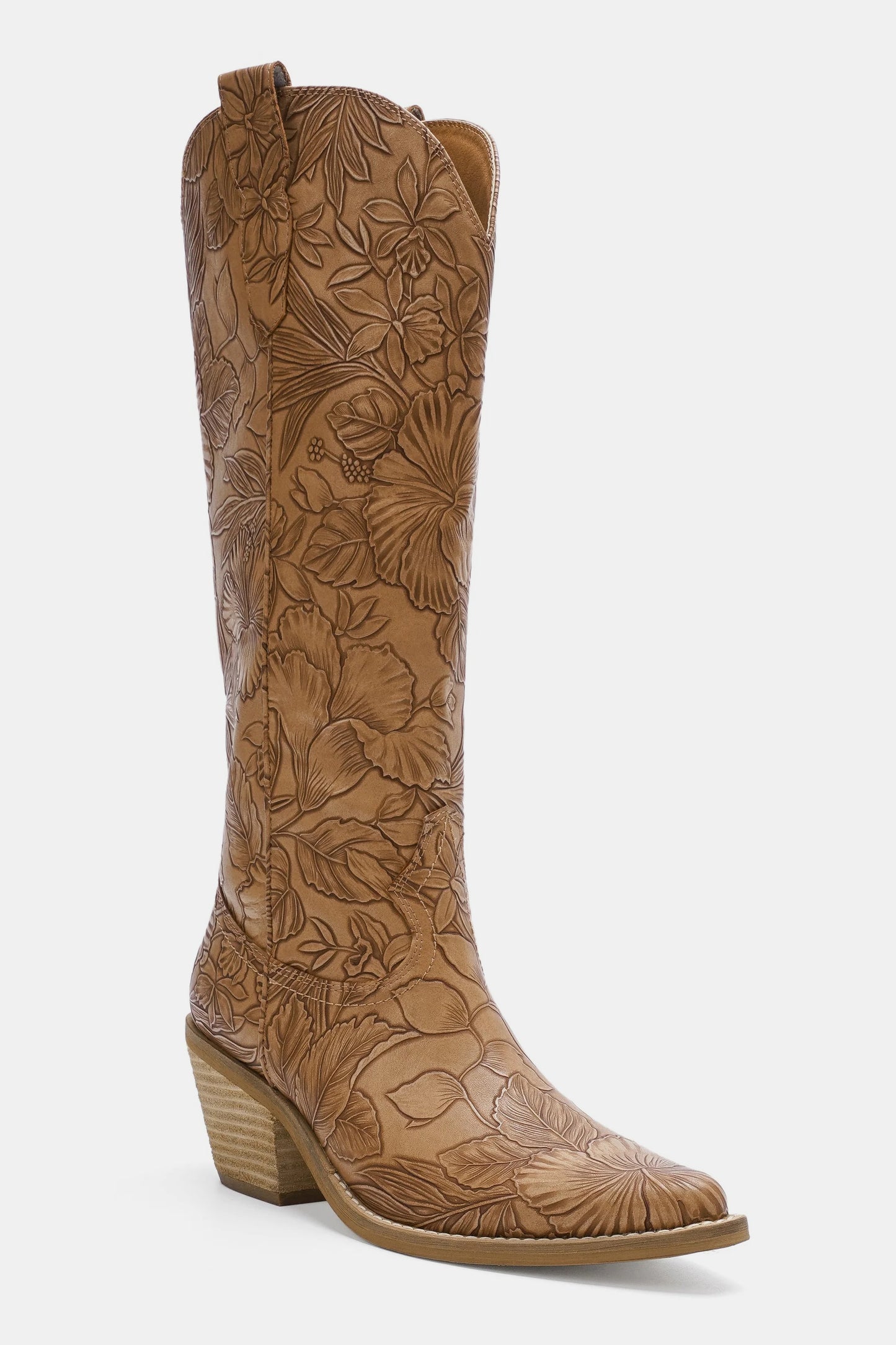 Beast Fashion Embossed Floral Point Toe Block Heel Boots - The Goddess Galleries