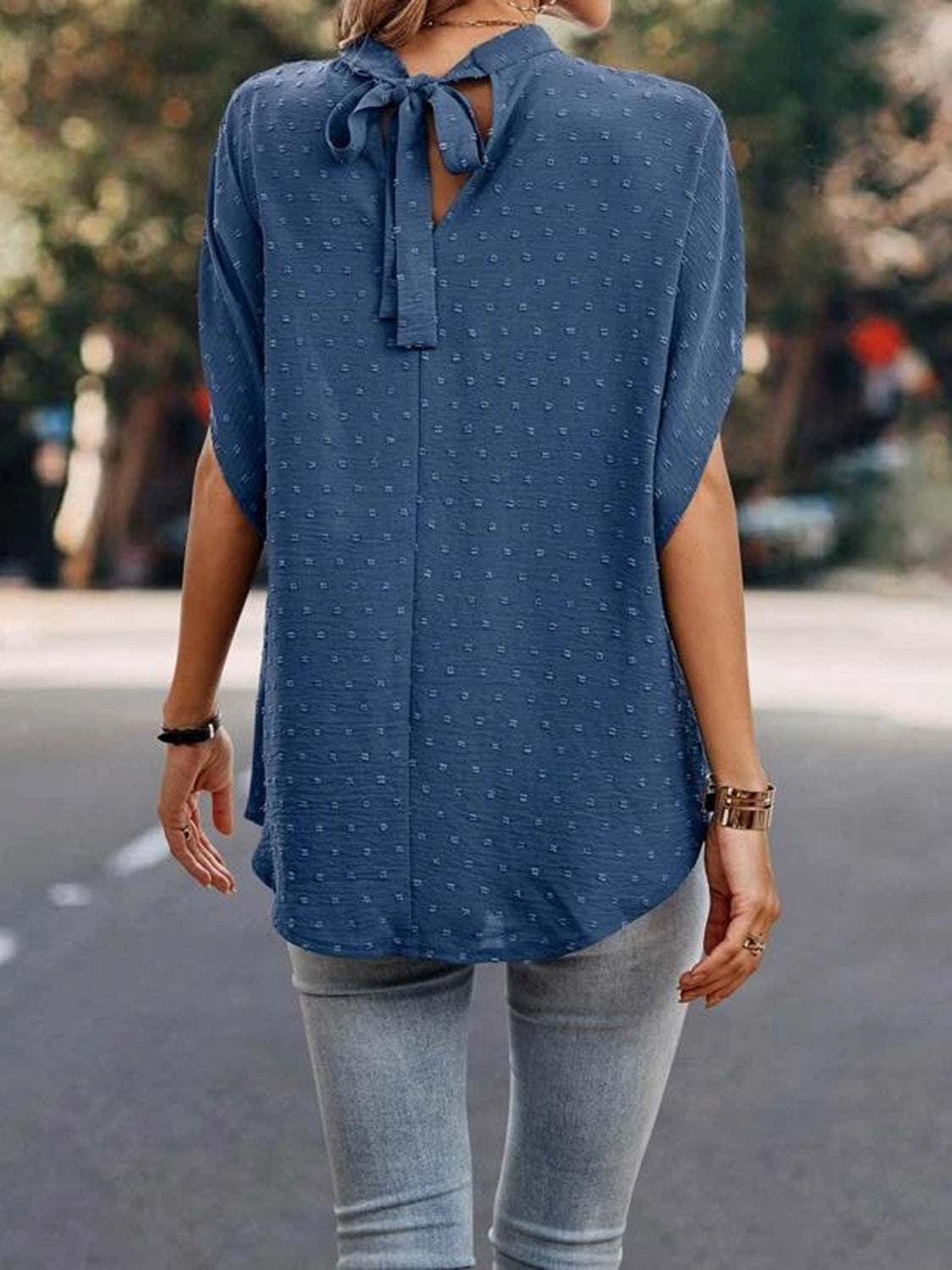Swiss Dot Mock Neck Half Sleeve Blouse - The Goddess Galleries